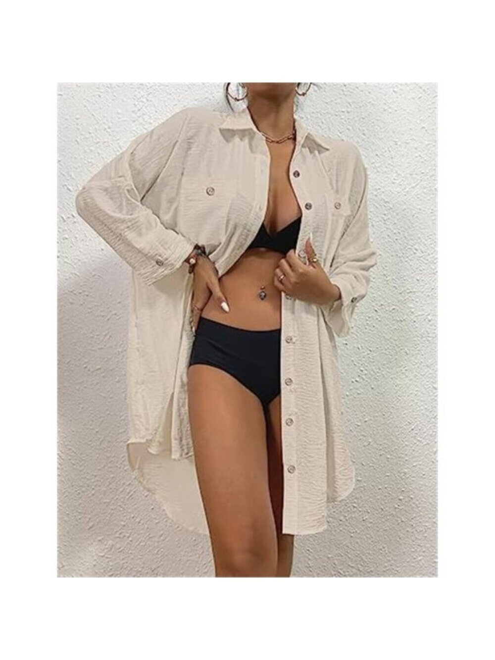 Women's Modern Swimsuit Cover Up Blouse Button Down Shirt Dress Top - Picture 3 of 6